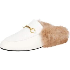 Arqa Womens Size 6 White w Brown Fur Rounded Toe Slide On Mule Slipper Shoes